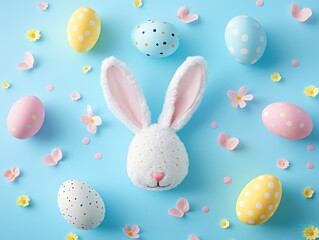 Easter Bunny Head Surrounded by Pastel Colored Eggs and Delicate Flowers on a Light Blue Background
