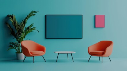 Open hybrid office with a large collaboration screen and modern furniture