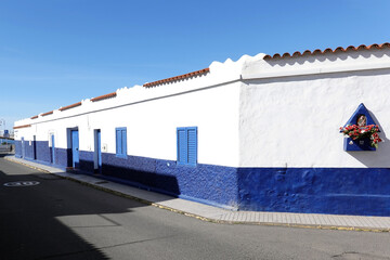 Blue and white building in Agaete, Gran Canaria, Spain