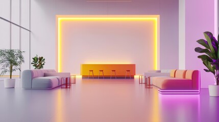 Ultramodern coworking space with modular furniture and warm lighting