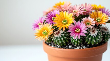 Fototapeta premium A small potted cactus with colorful flowers, on a white background
