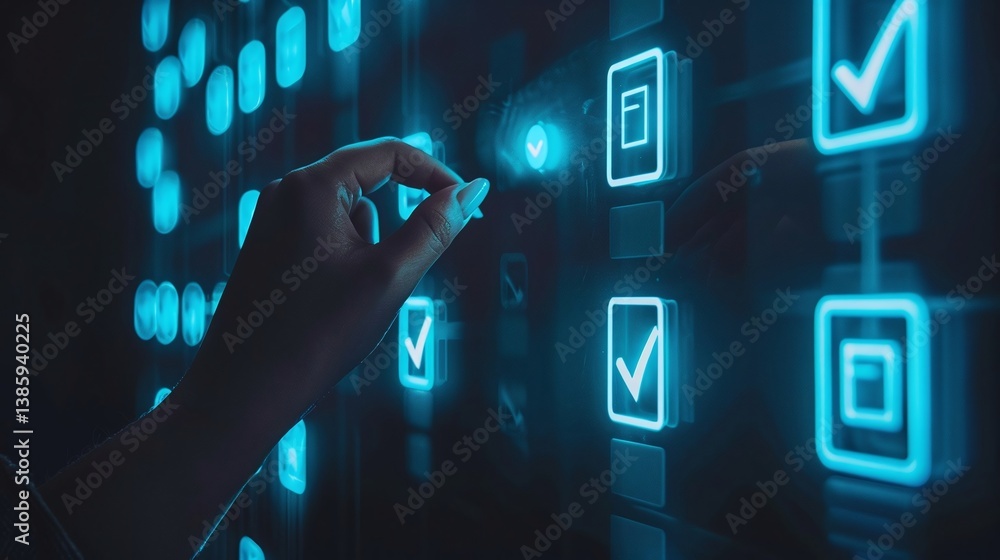 Poster hand interacting with a digital touchscreen display featuring glowing checkboxes and icons