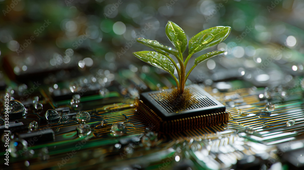 Poster a plant growing out of a microchip on a circuit board with water droplets in a close up view