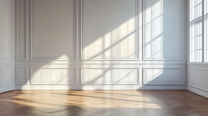 Obraz premium Bright Sunlight Illuminating an Elegant Room with Decorative White Walls and Parquet Floor Creating a Serene and Inviting Ambiance for Interior Design
