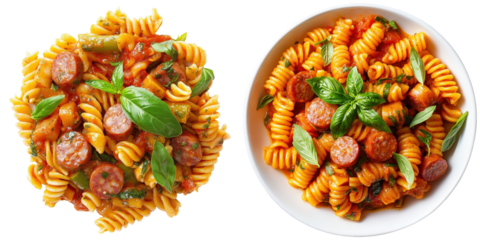 Sausage and pepper rotini pasta with fresh basil.