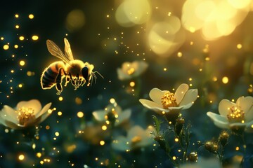 A surreal dreamscape where bees leave shimmering trails of golden light as they gracefully pollinate vibrant flowers in a glowing, magical world