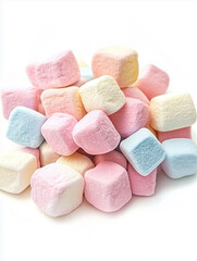 Colorful marshmallows piled together on a white background  
