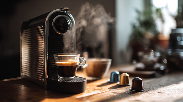 A nespresso machine brewing coffee into a clear glass cup with capsules on a wooden table top