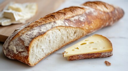 A fresh baguette with a piece of cheese on the side, placed on a white background
