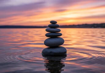 Serene Sunset Zen Stone Stack in Water Calmness, Balance, Meditation, Relaxation, Spirituality.