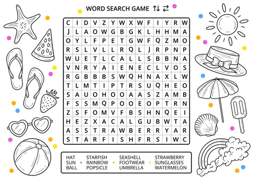 Summer word search puzzle game with line drawings worksheet. Summer fun activity for learning English vocabulary. Educational game for children and adults. Summer line art drawing elements, doodles