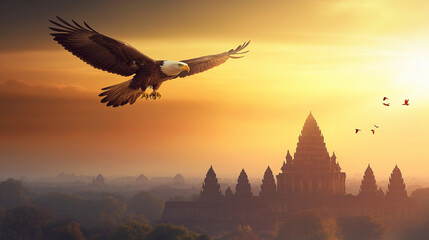 Naklejka premium bald eagle flying over ancient temples