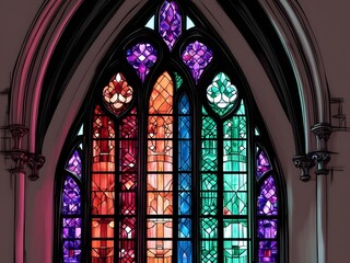 Stained Glass Window in Gothic Style, Colorful Art Illustration