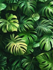 Lush Monstera Deliciosa Leaves in a Dense Tropical Arrangement with Rich Green Tones and Artistic Brushstroke Texture creating a Vibrant and Naturalistic Pattern