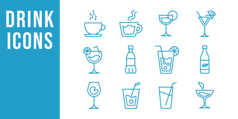 Minimalist Outline Icons of Summer Beverages, Iced Drinks, Tea, Coffee, Smoothies, Cocktails, and Refreshing Drinks