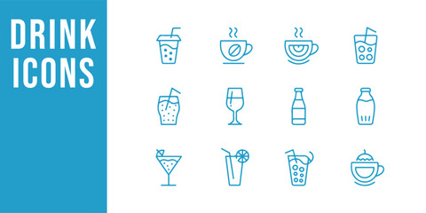 Outline Icons of Summer Beverages Including Iced Drinks, Cocktails, Tea, Coffee, Smoothies, and Refreshing Drinks in Minimalist Style