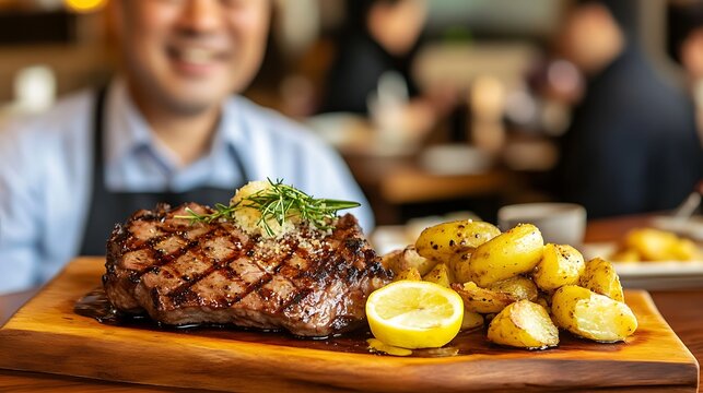 A deliciously grilled steak plated with lemon and herbs beside golden roasted potatoes, showcased by a smiling man in a restaurant setting filled with patrons in the background
