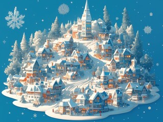 Obraz premium Snow-covered village scene with charming houses, trees, and a church steeple
