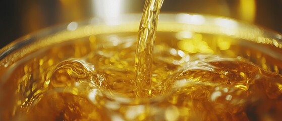 Golden liquid cascade in glass close up view capturing dynamic motion and reflective light creating a warm inviting amber tone