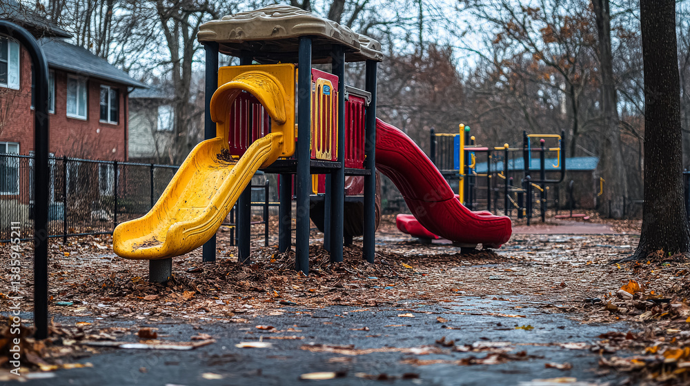 Poster playground with a yellow slide and a red slide. the playground is empty and the leaves are on the gr