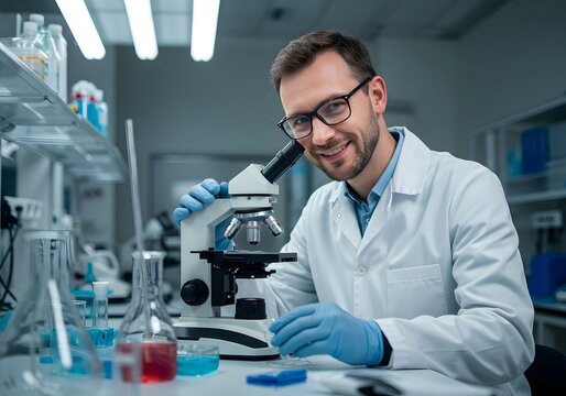 Scientist in Lab with Microscope and Chemical Equipment Smiling - Research, Experiment, Lab Coat.