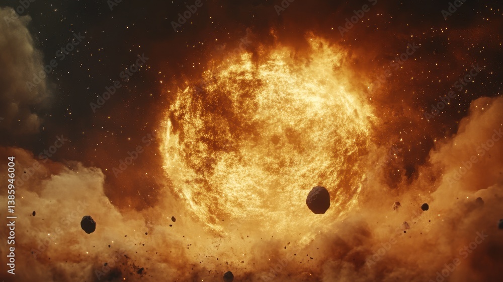 Poster dramatic cosmic scene of a gigantic sun in space surrounded by clouds of gas and asteroids creating 