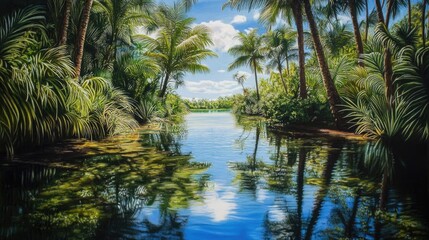 Obraz premium Serene Tropical Paradise: Tranquil Canal Reflecting Lush Palms and Sky