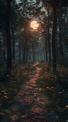 Fototapeta premium Enchanting moonlight illuminates a winding path through a serene forest landscape with tall trees and lush vegetation creating a magical and peaceful atmosphere at dusk