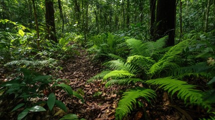 Serene Rainforest Path: Lush Greenery and Tranquil Atmosphere
