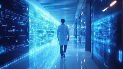 Doctor Walking Through a Smart Hospital Corridor with Digital Displays