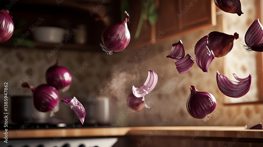 Poster floating red onions captured in a softly lit kitchen environment with a blurred background, creating