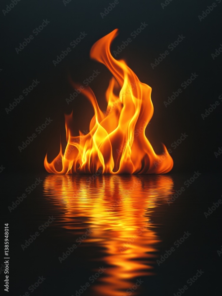 Poster captivating flame reflection on dark water surface evoking warmth and energy with dynamic movement a