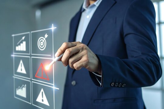 Businessman Analyzing Risk Management and Business Growth Strategies on Interactive Screen - Powered by Adobe