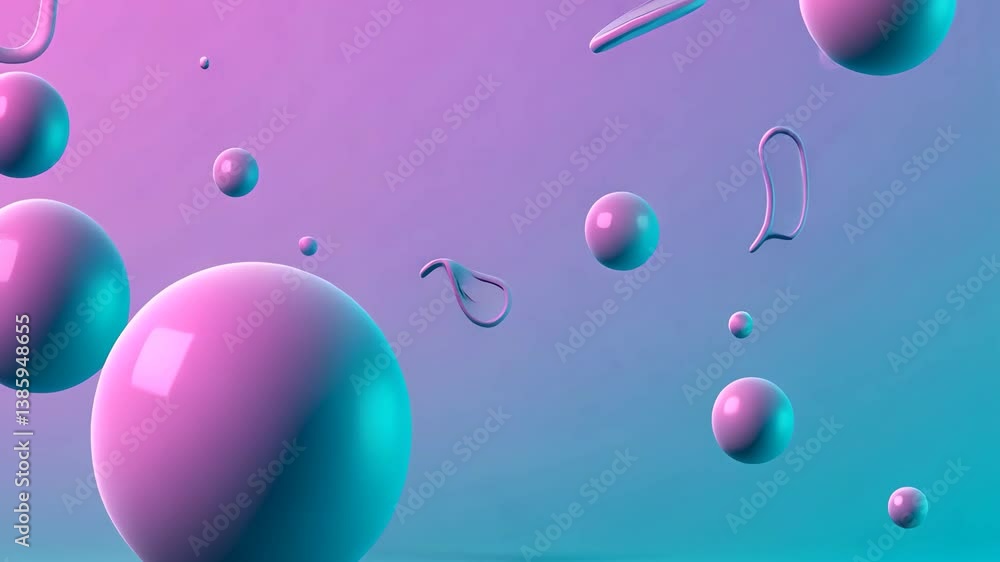 Poster floating pink and teal spheres against a gradient background with abstract geometric shapes in a mod