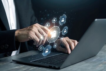 Businessman using laptop with digital holographic interface showing network security and data protection