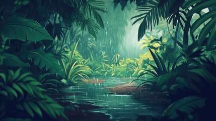 Naklejka premium Rainy Tropical Paradise: Lush Jungle Stream