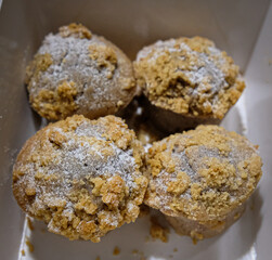 Close up of a muffin with powdered sugar.