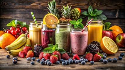 Assorted Fruit Smoothies on Rustic Wood