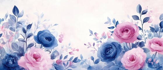 Watercolor floral arrangement featuring pink and blue roses and leaves on a white background creating a romantic and elegant aesthetic for various design applications