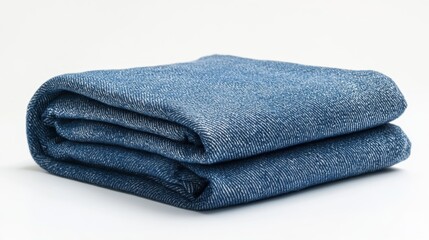 A pair of classic blue denim jeans folded neatly, on a white background