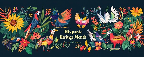 Vibrant tropical birds and flowers in an illustration to honor hispanic heritage month