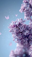 Obraz premium Captivating lilac blossom cluster with delicate butterflies against a serene pastel blue backdrop floral elegance botanical spring beauty