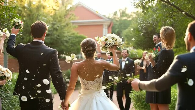 Joyful guests tossing petals as the couple departs in a courtyard