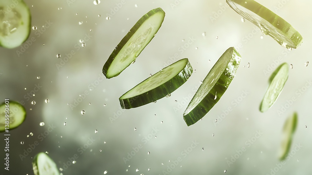 Poster floating cucumber slices against a misty backdrop creating a fresh and vibrant atmosphere with drops
