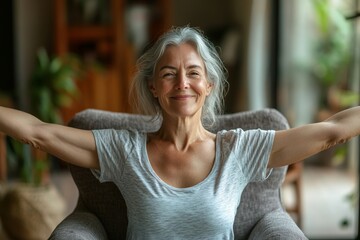 a silver-haired woman with outstretched arms smiling confidently, sitting in a comfortable chair