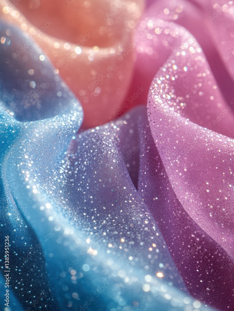Poster pastel fabric waves with glittering particles abstract background for festive and dreamy design proj