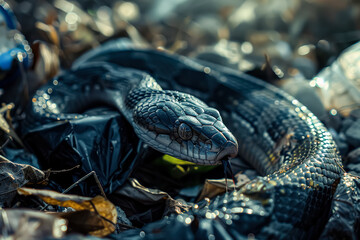 Fototapeta premium Black snake is laying on the ground next to some trash