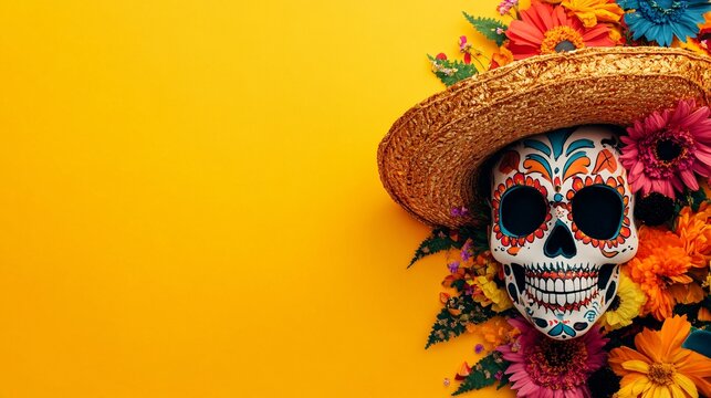 Vibrant day of the dead composition with a sugar skull in a sombrero, surrounded by colorful flowers on a sunny yellow background