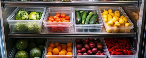 A stainless steel commercial refrigerator with various fruits and vegetables stored in plastic containers and baskets.
