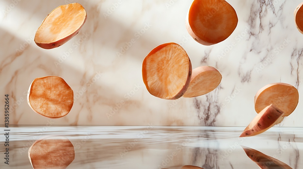 Poster floating slices of sweet potato against a marbled backdrop with soft reflected light and shadows cre